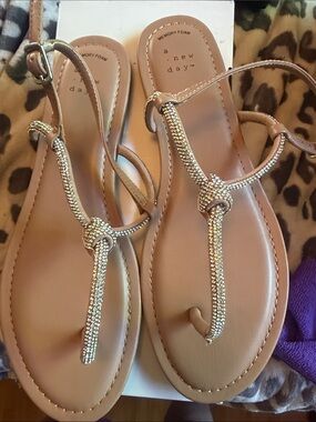 A New Day Rhinestone T-Strap Flat Sandals Nude Size 9